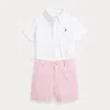Polo Ralph Lauren Ralph Lauren Short Sleeve Cotton Piqué Button-down Shirt & Seersucker Shorts Set In White/pink