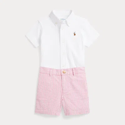 Polo Ralph Lauren Babies' Ralph Lauren Short Sleeve Cotton Piqué Button-down Shirt & Seersucker Shorts Set In White/multi Pp