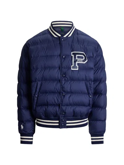 Polo Ralph Lauren Embroidered Bomber Jacket With Ribbed Striped Collar In Blue