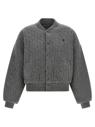 Polo Ralph Lauren Padded Knit Braided Bomber Jacket In Gray