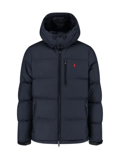 Polo Ralph Lauren Blue Down Jacket With Fixed Hood And Embroidered Pony Logo On Chest In Tech Fabric Man