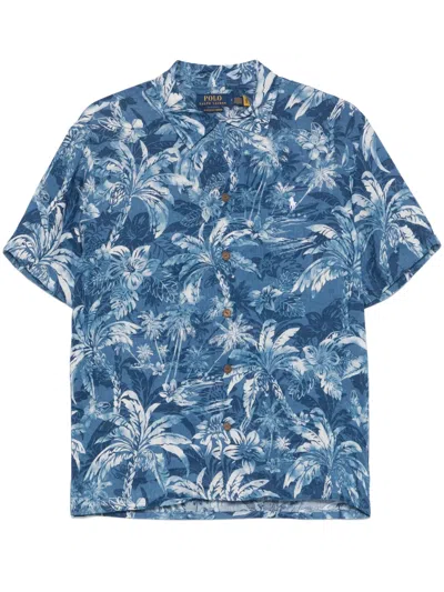 Polo Ralph Lauren Clady Camp-collar Logo-embroidered Printed Linen Shirt In Blue