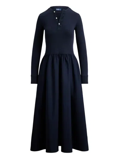 Polo Ralph Lauren Long Sleeve Mixed Media Henley Midi Dress In Black