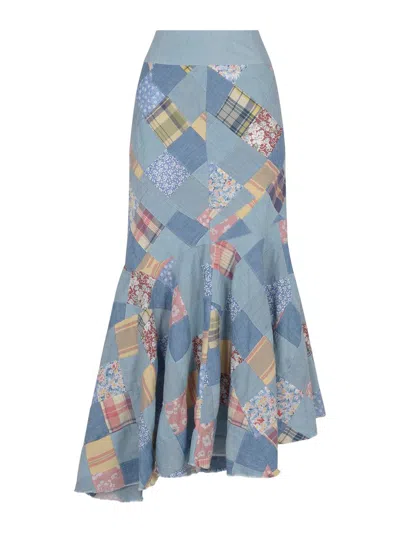 Polo Ralph Lauren Patchwork Chambray Flared Maxi Skirt In Multi
