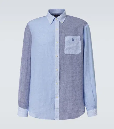 Polo Ralph Lauren Button-down Collar Panelled Puppytooth And Striped Linen Shirt In Blue
