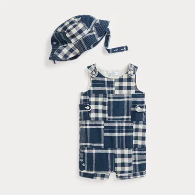 Polo Ralph Lauren Babies' Patchwork Overall & Hat Set In Navy Patchwork