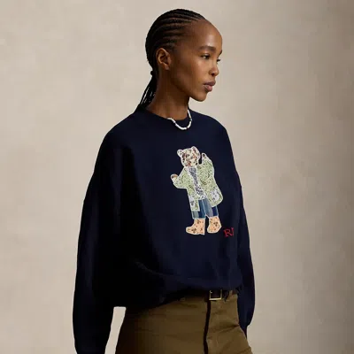 Polo Ralph Lauren Patchwork Polo Bear Fleece Crewneck In Hunter Navy