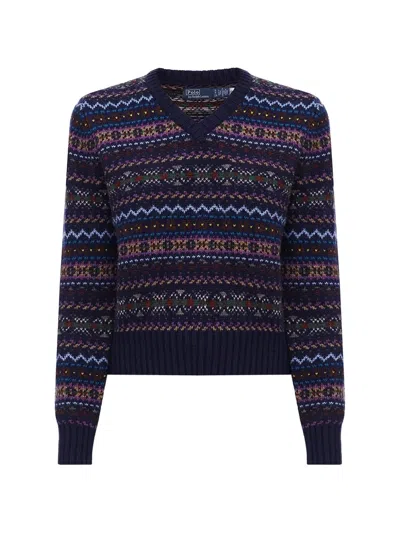 Polo Ralph Lauren Patterned V-neck Sweater In Blue