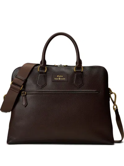 Polo Ralph Lauren Pebble-leather Detachable-strap Briefcase In Brown