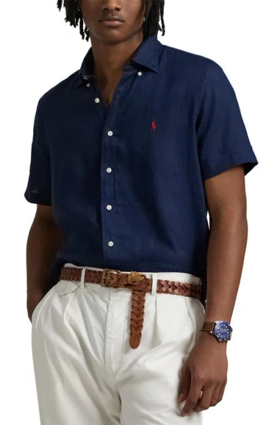Polo Ralph Lauren Piece Dye Linen Short Sleeve Button-down Shirt In Newport Navy