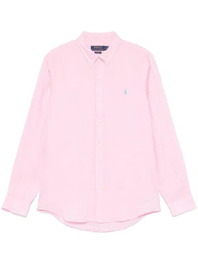 POLO RALPH LAUREN PINK COTTON SHIRT WITH EMBROIDERED LOGO