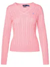 Polo Ralph Lauren Plaited Cotton V-neck Sweater In Pink