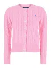 Polo Ralph Lauren Pink Crewneck Cable Knit Cardigan With Pony Embroidery On The Front In Cotton Woman