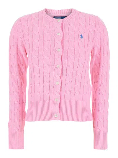 Polo Ralph Lauren Pink Crewneck Cable Knit Cardigan With Pony Embroidery On The Front In Cotton Woman