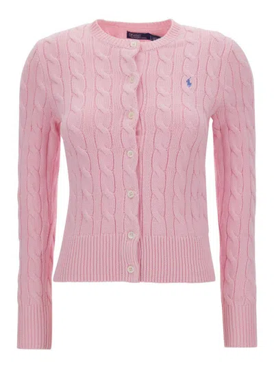 Polo Ralph Lauren Pink Polo Pony Round Neck Cardigan In Cotton Woman