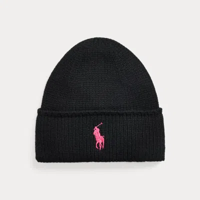 Polo Ralph Lauren Pink Pony Merino Wool Beanie In Black