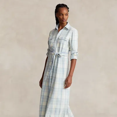 Polo Ralph Lauren Plaid Belted Cotton Twill Shirtdress In Blue