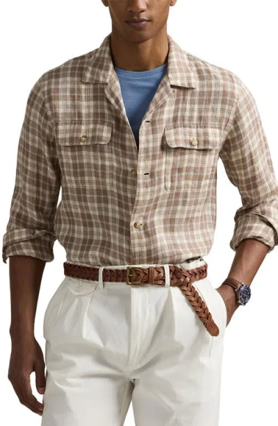 Polo Ralph Lauren Plaid Linen Classic Fit Long Sleeve Camp Shirt In Neutral