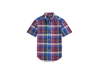 Polo Ralph Lauren Plaid Linen Short Sleeve Shirt (big Kid) Boy's Clothing Navy/red : Lg (14-16 Big Kid) In Multi