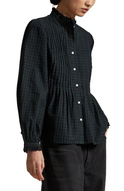 Polo Ralph Lauren Plaid Long Sleeve Peplum Button-up Shirt In Black