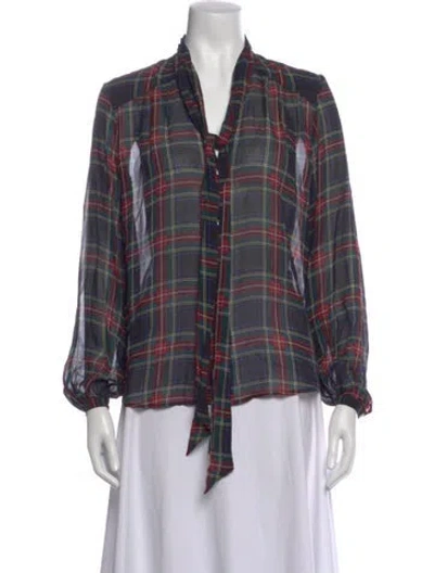 Pre-owned Polo Ralph Lauren Plaid Print Tie Neck Blouse In Blue