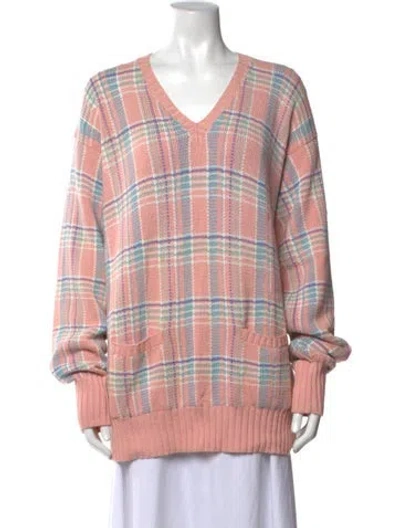 Pre-owned Polo Ralph Lauren Plaid Print V-neck Sweater In Pink