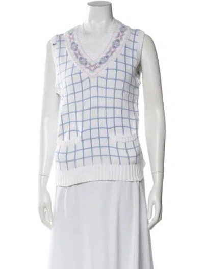 Pre-owned Polo Ralph Lauren Plaid Print V-neck Sweater In White