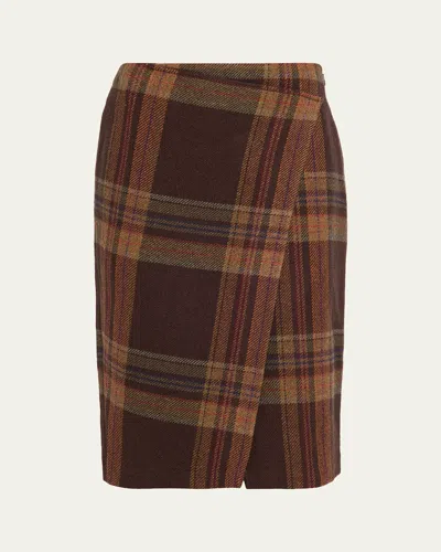 Polo Ralph Lauren Plaid Tweed Faux Wrap Midi Skirt In Brown