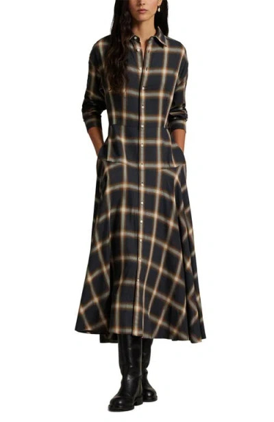 Polo Ralph Lauren Plaid Twill Paneled Long Sleeve Shirtdress In Gray