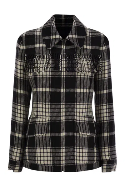 Polo Ralph Lauren Plaid Wool Jacket With Fringes In Black/cream