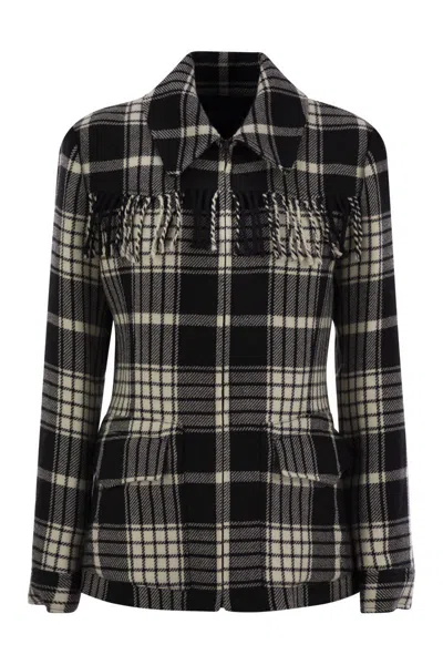 Polo Ralph Lauren Plaid Wool Jacket With Fringes In Black