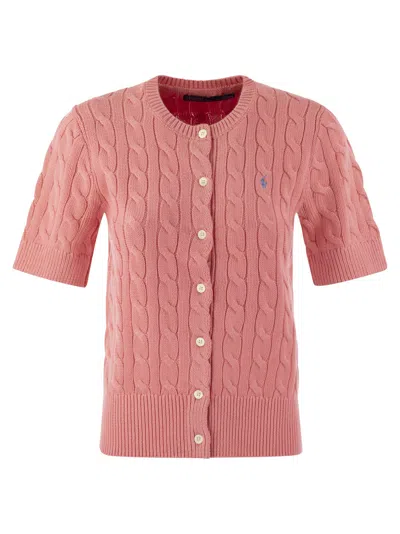 Polo Ralph Lauren Plaited Cardigan With Short Sleeves In Salmon Rose