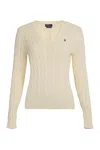 Polo Ralph Lauren Kimberly Icon Logo Pima Cotton Cable Knit V-neck Sweater