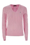 Polo Ralph Lauren Plaited Cotton V-neck Sweater In Pink