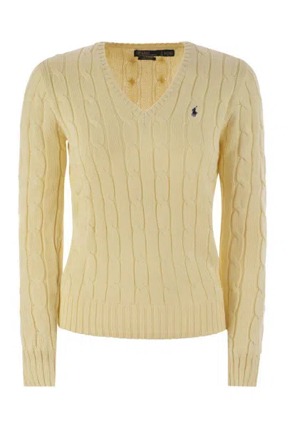 Polo Ralph Lauren Plaited Cotton V-neck Sweater In Beige