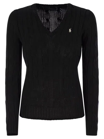 Polo Ralph Lauren V Neck L/s Sweater W/braids In Black