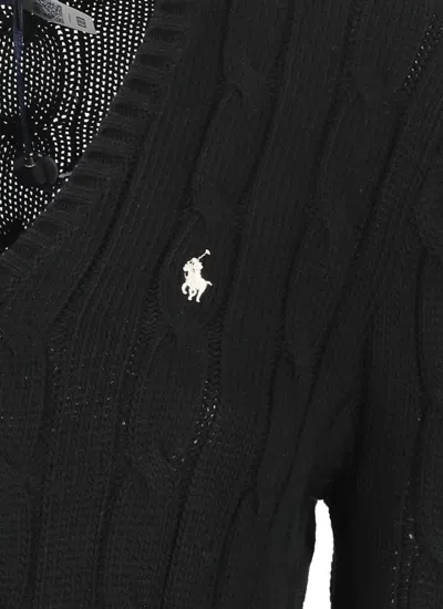 Polo Ralph Lauren Plaited Cotton V-neck Sweater In Black