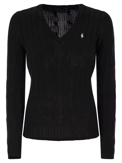 Polo Ralph Lauren Plaited Cotton V-neck Sweater Sweater In Black