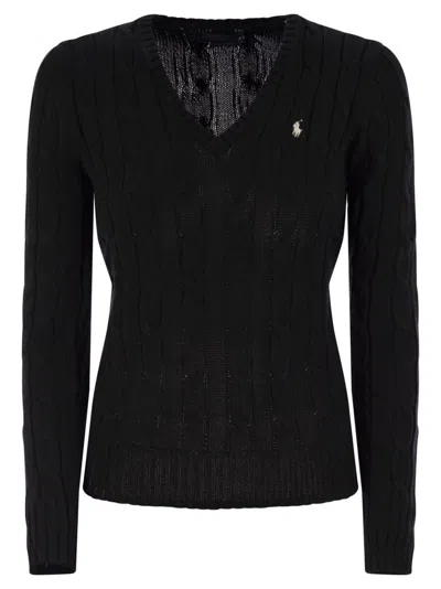 Polo Ralph Lauren Plaited Cotton V-neck Sweater In Black