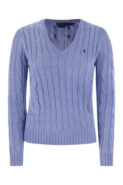 Polo Ralph Lauren Plaited Cotton V-neck Sweater In Blue
