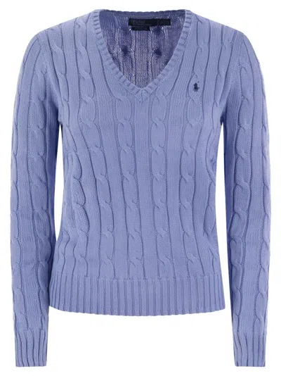 Polo Ralph Lauren Plaited Cotton V-neck Sweater In Blue