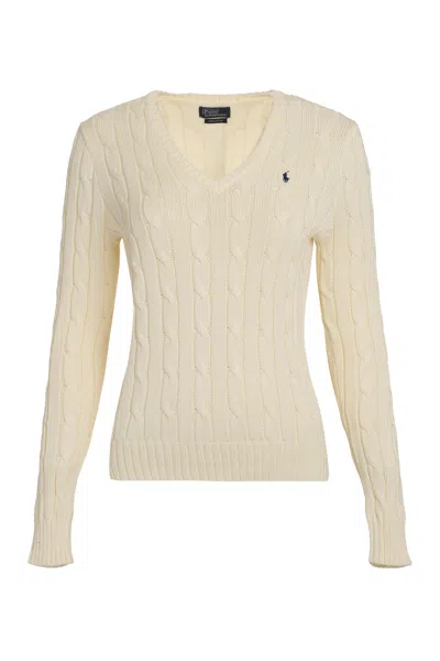 Polo Ralph Lauren Plaited Cotton V-neck Sweater In Neutral