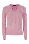 Polo Ralph Lauren Plaited Cotton V-neck Sweater In Pink