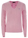 Polo Ralph Lauren Plaited Cotton V-neck Sweater In Pink