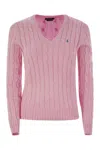 Polo Ralph Lauren Plaited Cotton V-neck Sweater In Pink