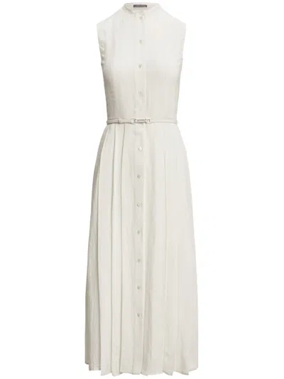 Polo Ralph Lauren Pleated Belted Midi Dress In White