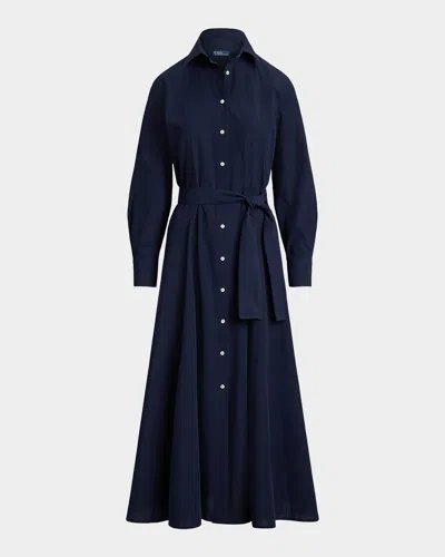 Polo Ralph Lauren Pleated Cotton Canvas Midi Shirtdress In Blue