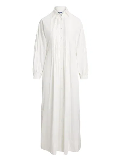 Polo Ralph Lauren Pleated Long-sleeve Shirt Dress In White