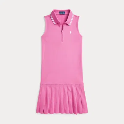 Polo Ralph Lauren Kids' Pleated Stretch Mesh Polo Dress In Laguna Pink/white