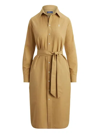 Polo Ralph Lauren Pointed Collar Shirt Dress With Self-fabric Belt - Size 40 In Beige